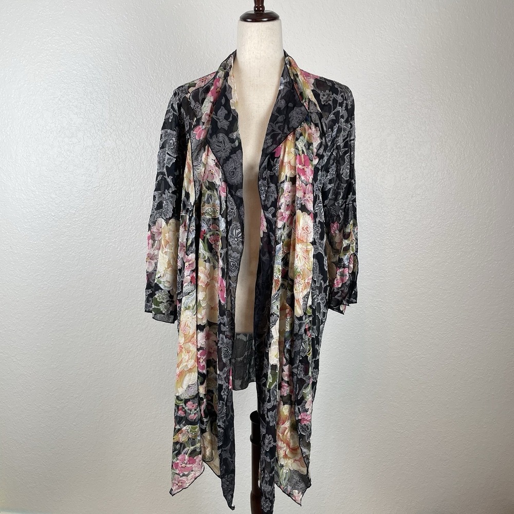 Citron Santa Monica Floral Kimono Women's L Duster Cardigan Silk Blend Boho